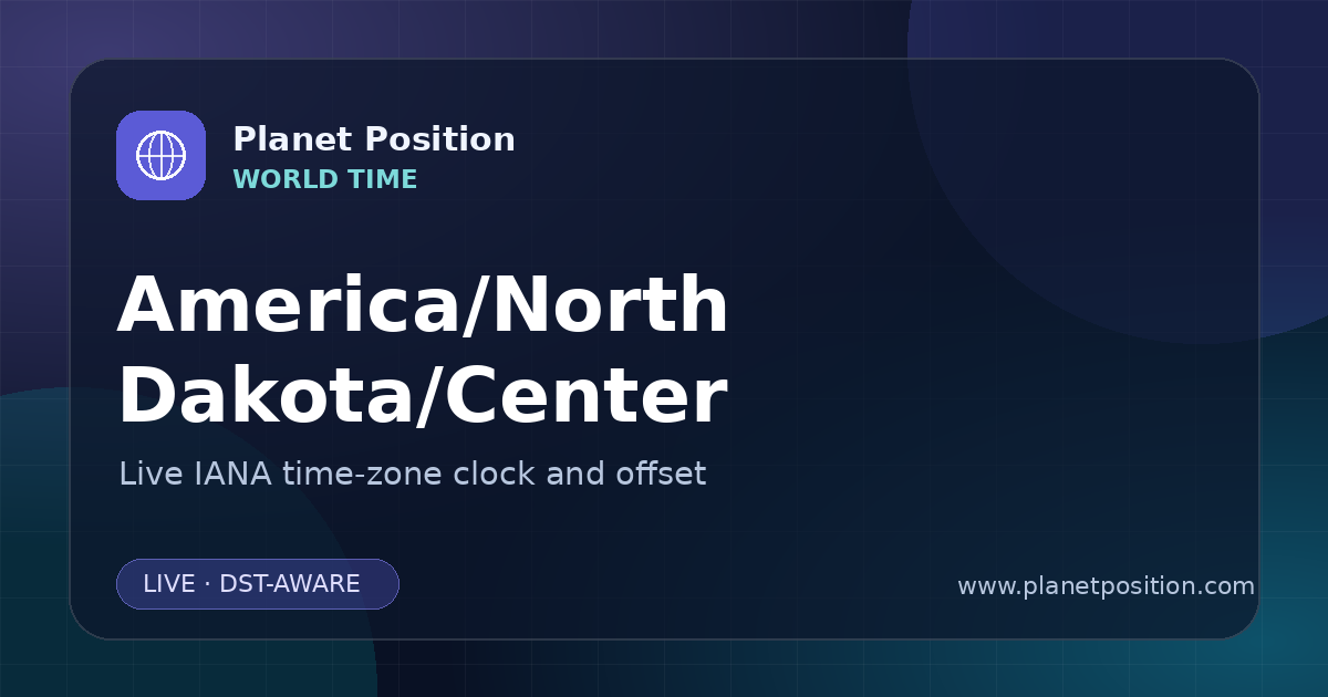 Social sharing image for America/North Dakota/Center Time Now | UTC Offset & Time Zone