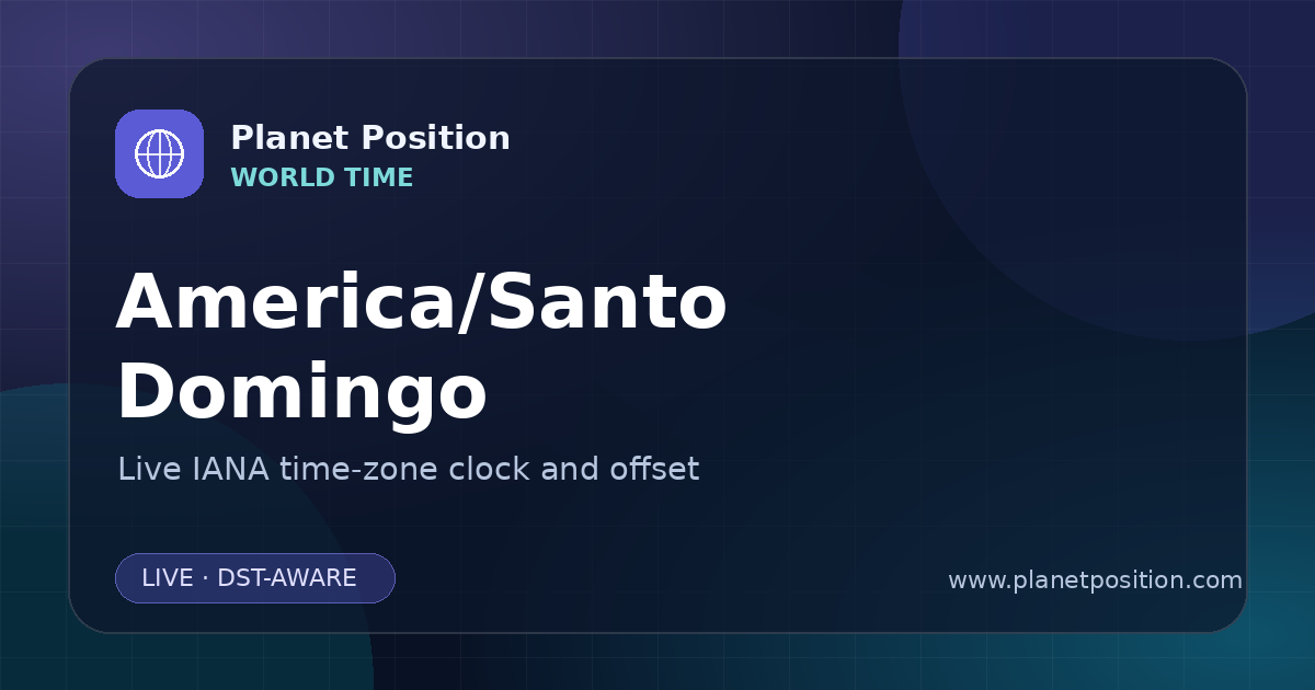 Social sharing image for America/Santo Domingo Time Now | UTC Offset & Time Zone