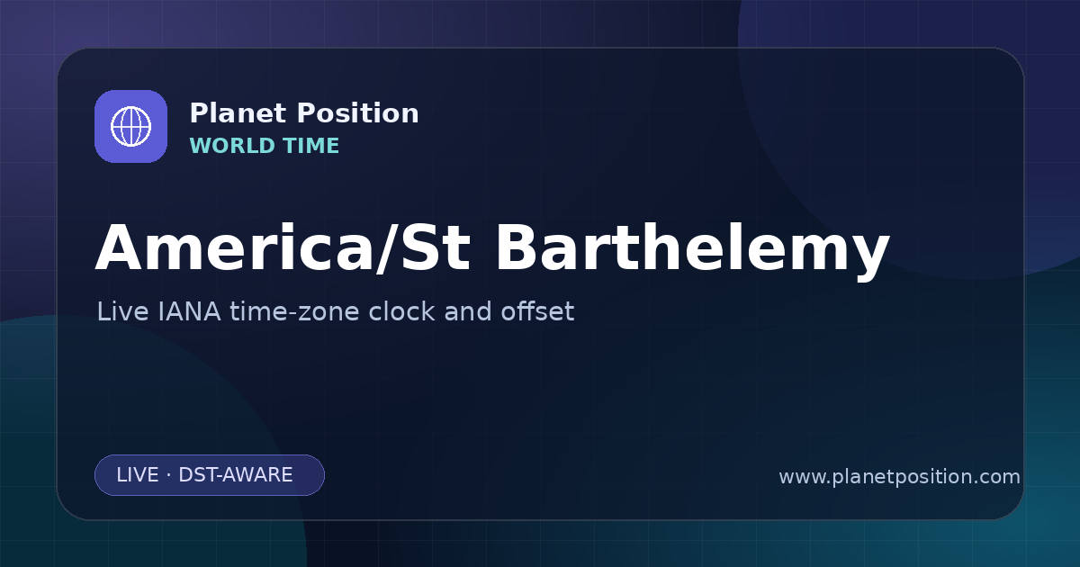 Social sharing image for America/St Barthelemy Time Now | UTC Offset & Time Zone
