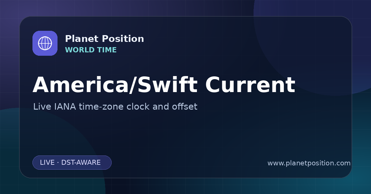 Social sharing image for America/Swift Current Time Now | UTC Offset & Time Zone