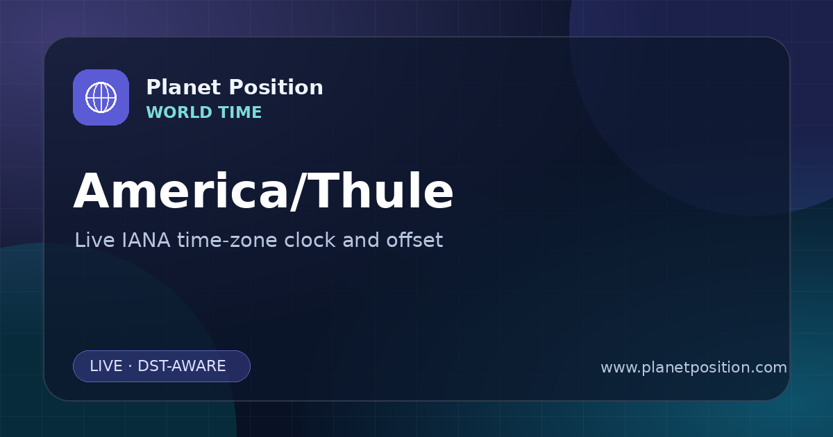 Social sharing image for America/Thule Time Now | UTC Offset & Time Zone