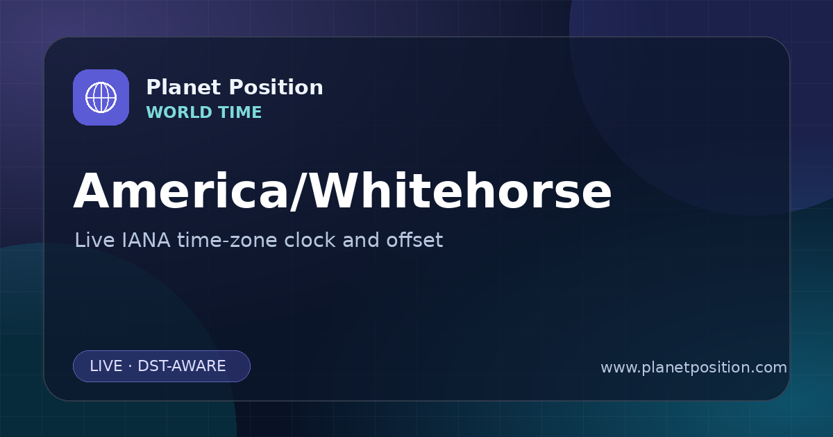 Social sharing image for America/Whitehorse Time Now | UTC Offset & Time Zone