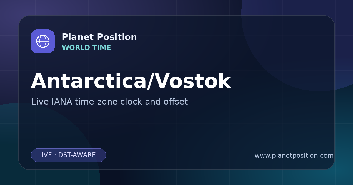 Social sharing image for Antarctica/Vostok Time Now | UTC Offset & Time Zone