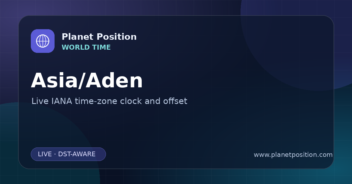 Social sharing image for Asia/Aden Time Now | UTC Offset & Time Zone