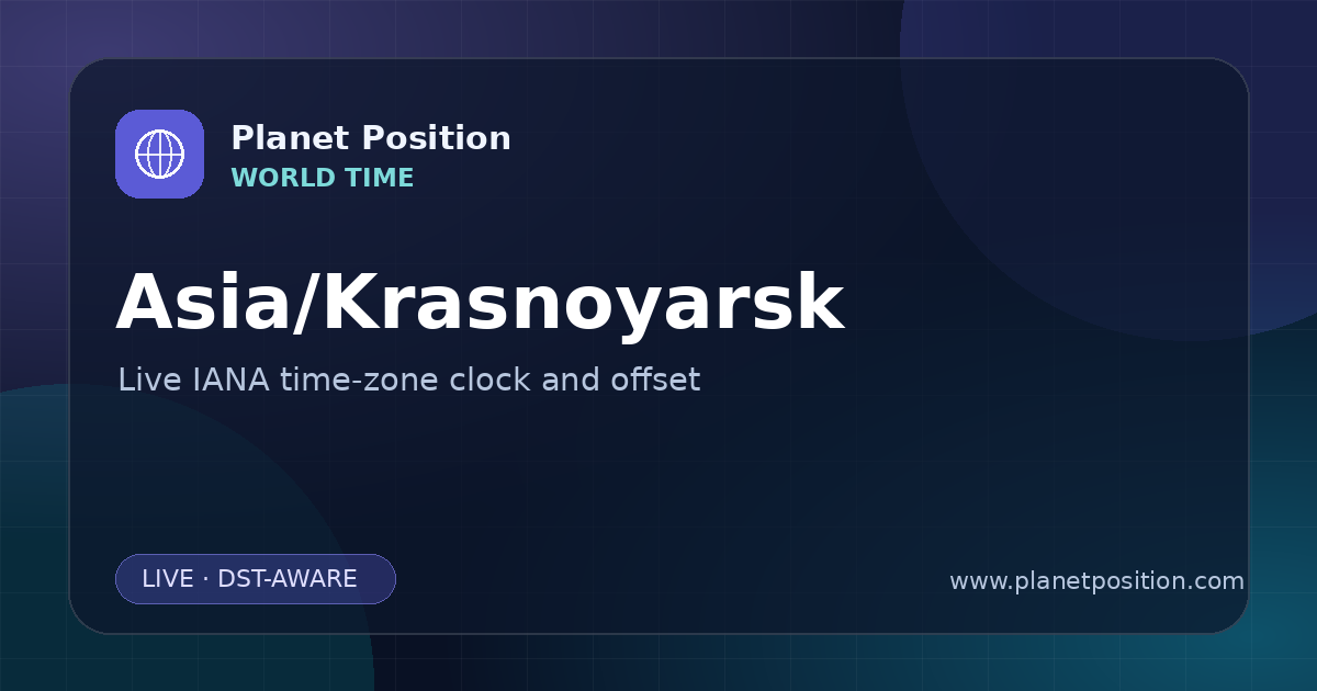 Social sharing image for Asia/Krasnoyarsk Time Now | UTC Offset & Time Zone