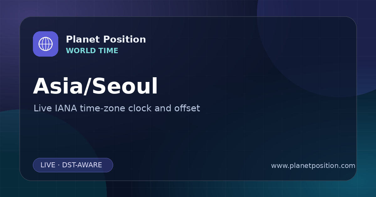 Social sharing image for Asia/Seoul Time Now | UTC Offset & Time Zone
