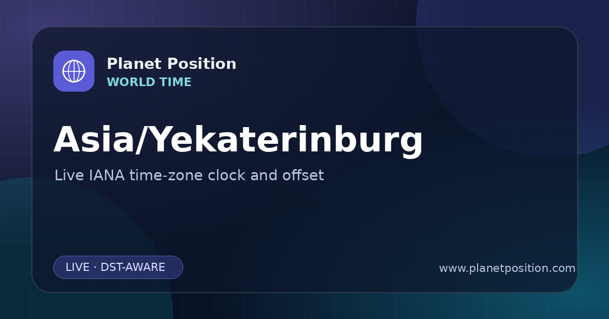 Social sharing image for Asia/Yekaterinburg Time Now | UTC Offset & Time Zone