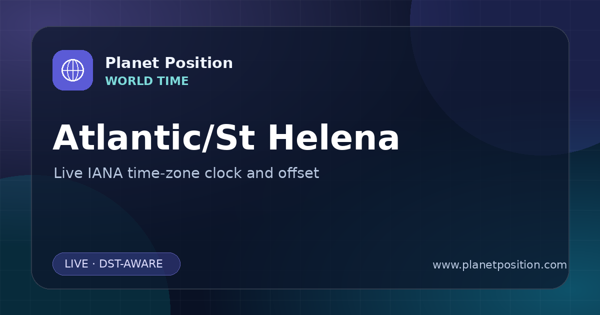 Social sharing image for Atlantic/St Helena Time Now | UTC Offset & Time Zone