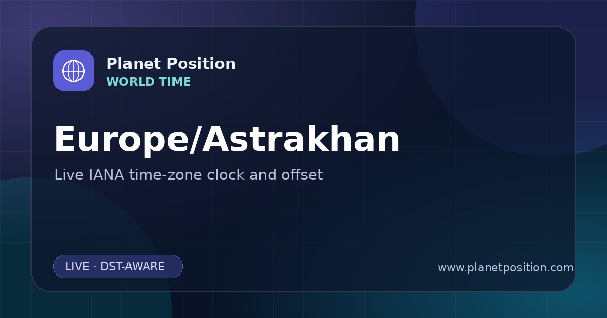 Social sharing image for Europe/Astrakhan Time Now | UTC Offset & Time Zone