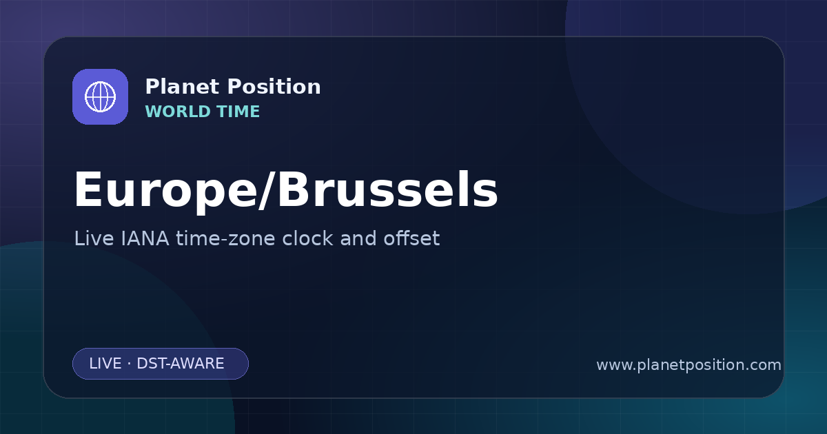 Social sharing image for Europe/Brussels Time Now | UTC Offset & Time Zone