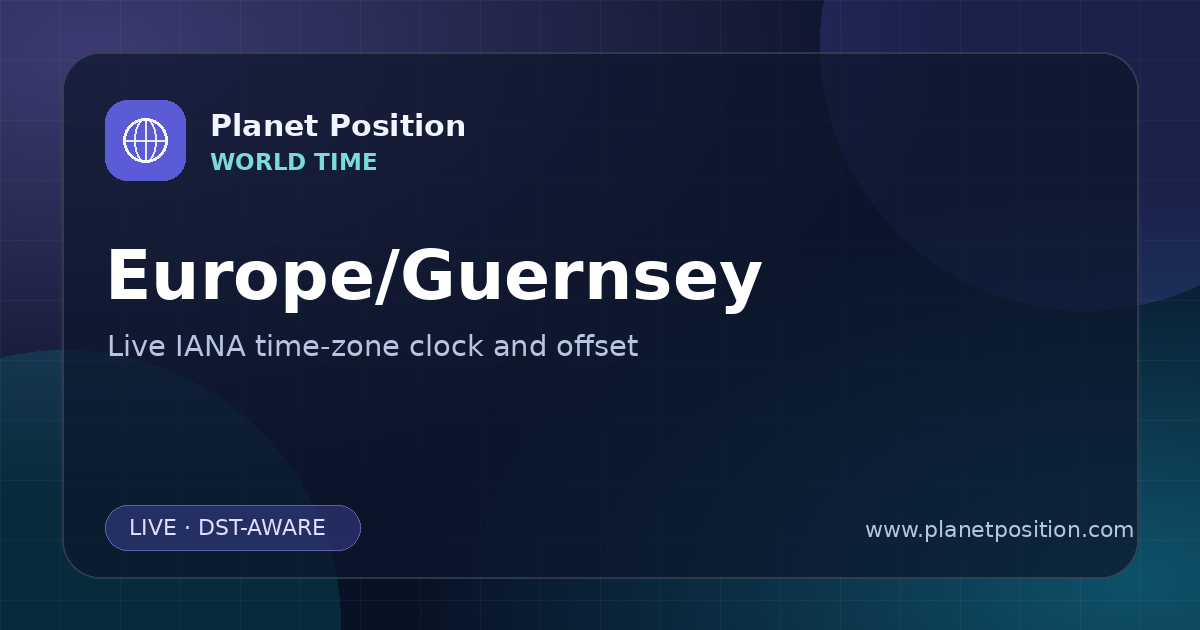 Social sharing image for Europe/Guernsey Time Now | UTC Offset & Time Zone