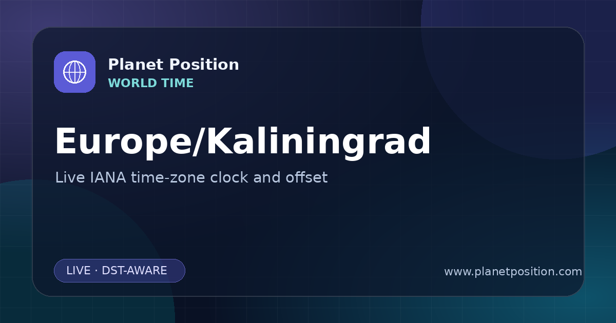 Social sharing image for Europe/Kaliningrad Time Now | UTC Offset & Time Zone