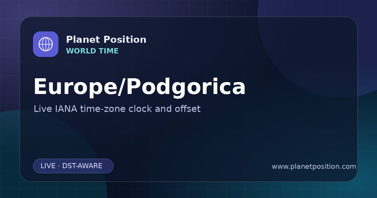 Social sharing image for Europe/Podgorica Time Now | UTC Offset & Time Zone
