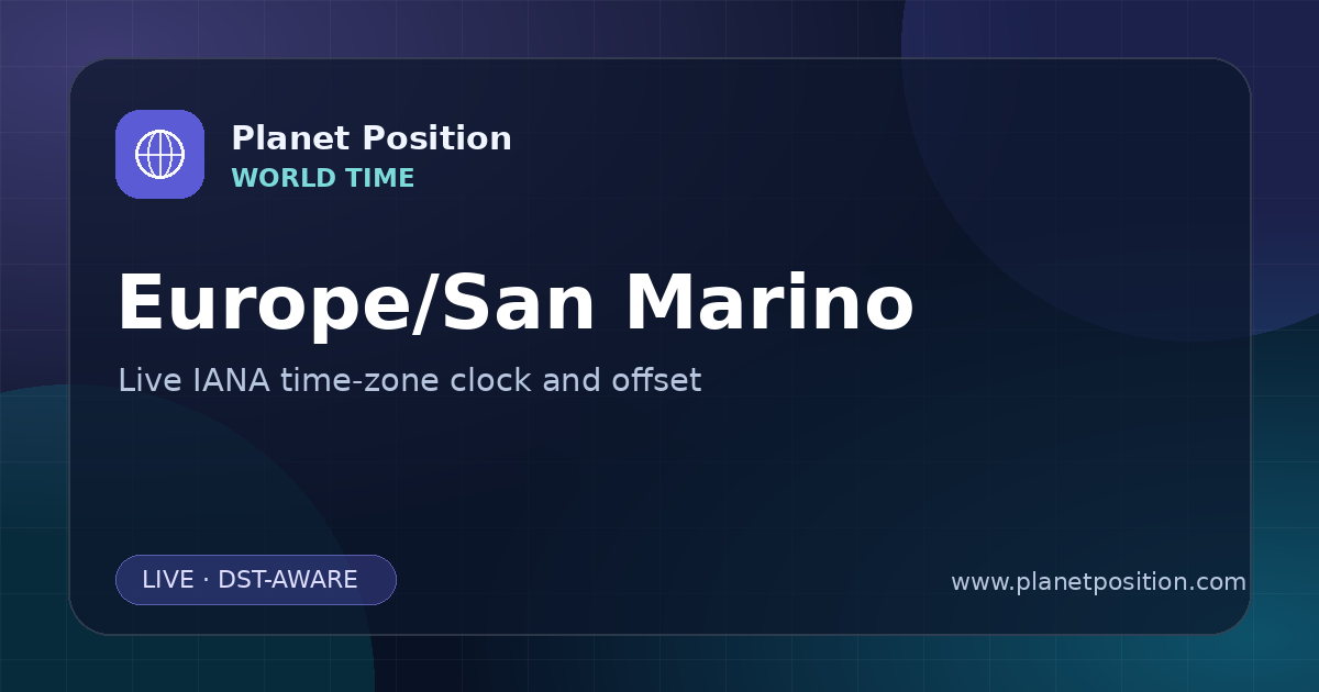 Social sharing image for Europe/San Marino Time Now | UTC Offset & Time Zone