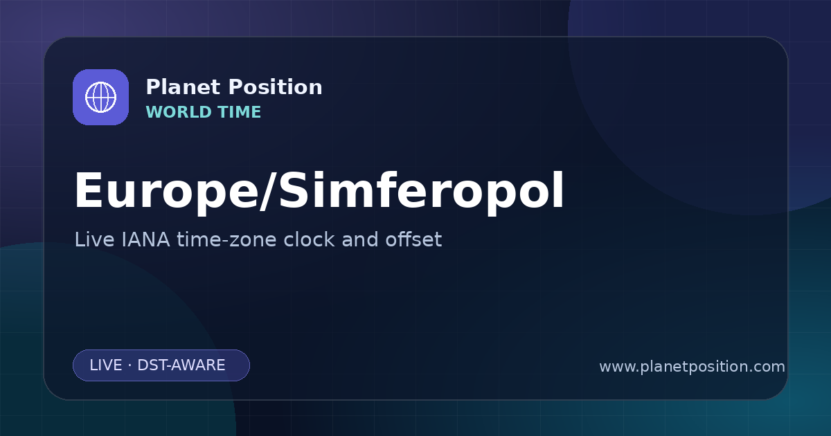 Social sharing image for Europe/Simferopol Time Now | UTC Offset & Time Zone