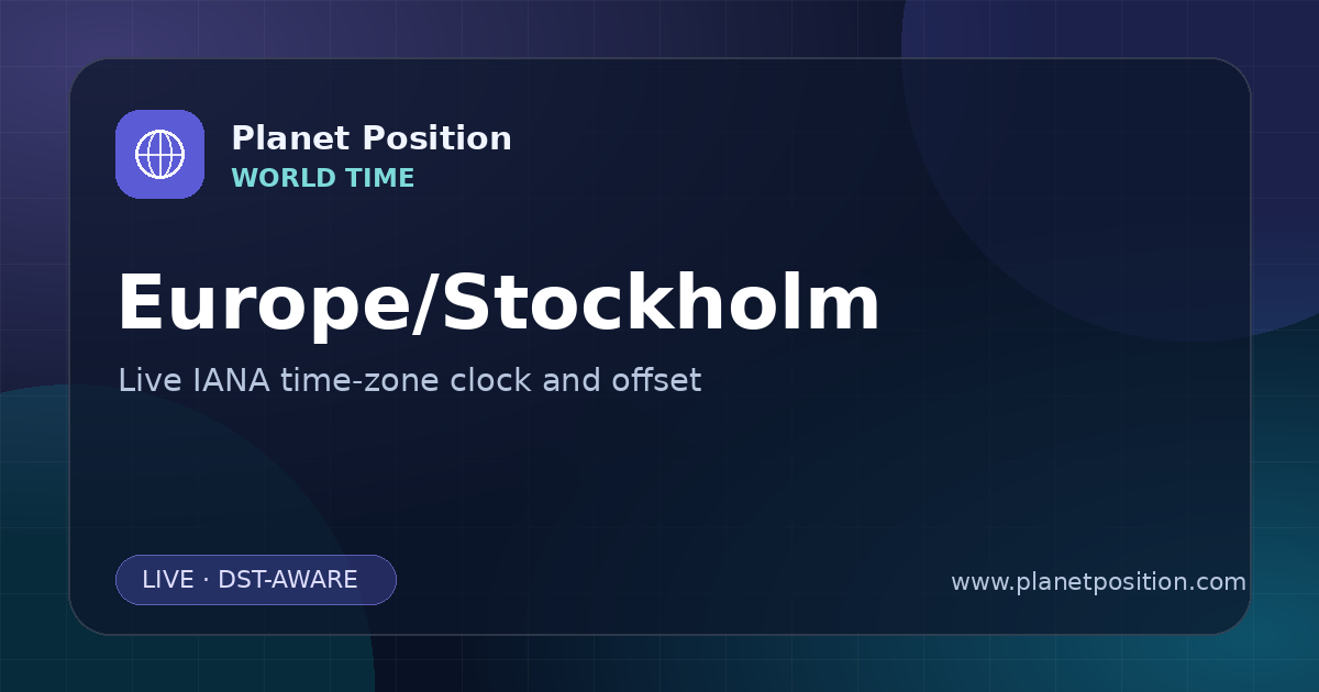 Social sharing image for Europe/Stockholm Time Now | UTC Offset & Time Zone