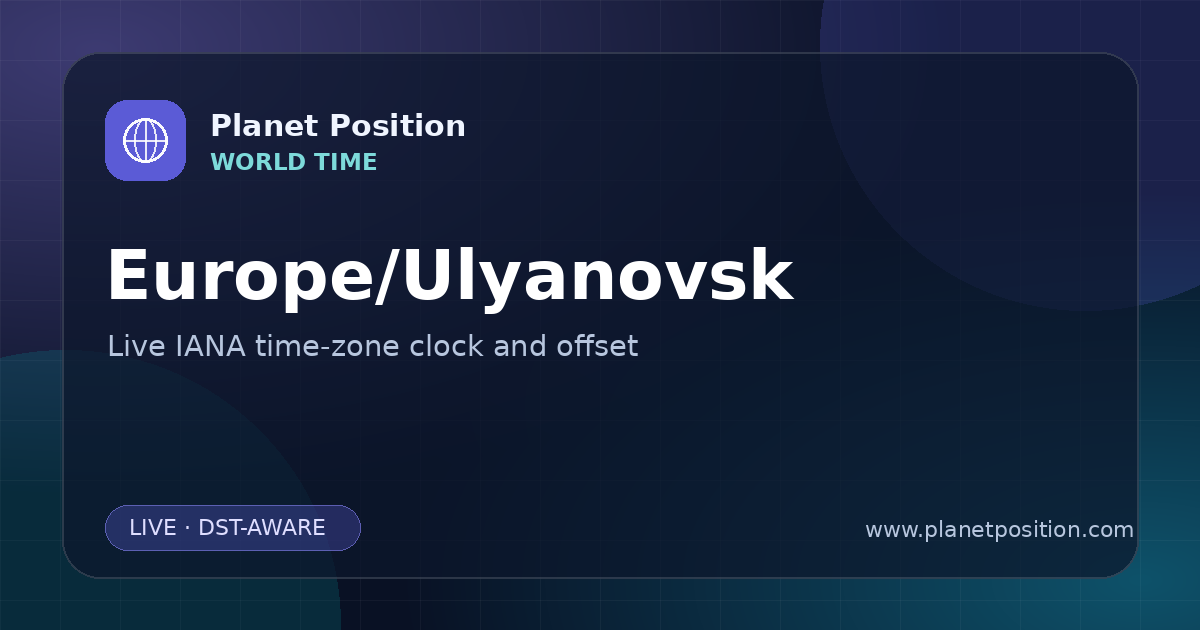 Social sharing image for Europe/Ulyanovsk Time Now | UTC Offset & Time Zone