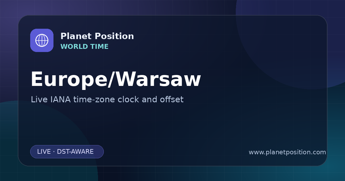 Social sharing image for Europe/Warsaw Time Now | UTC Offset & Time Zone