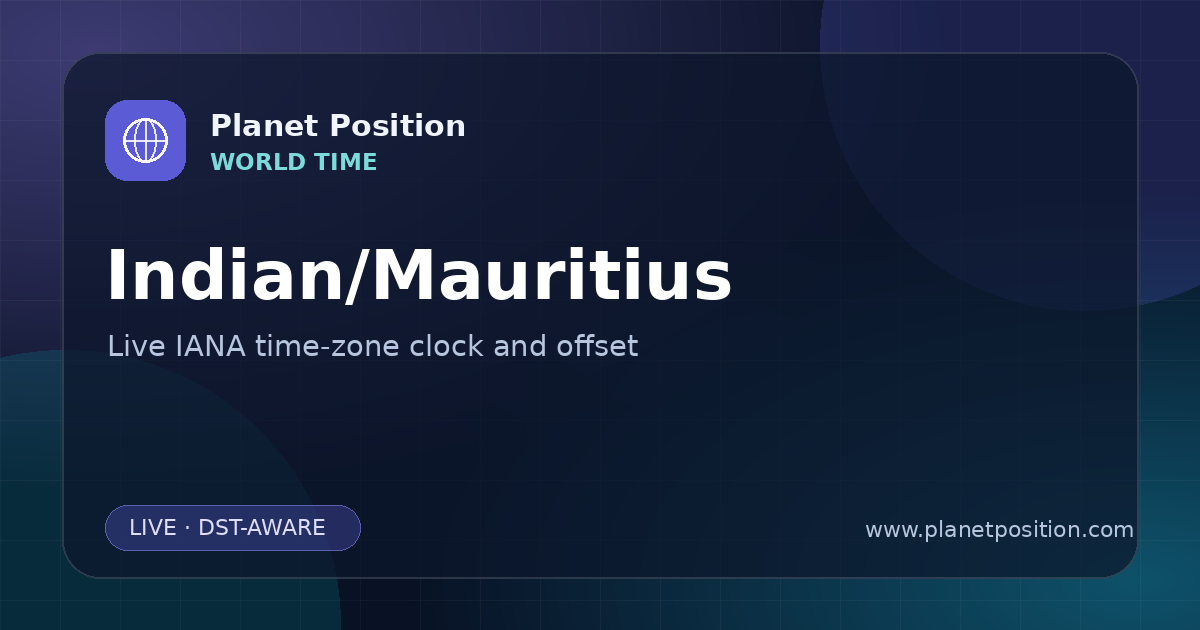 Social sharing image for Indian/Mauritius Time Now | UTC Offset & Time Zone