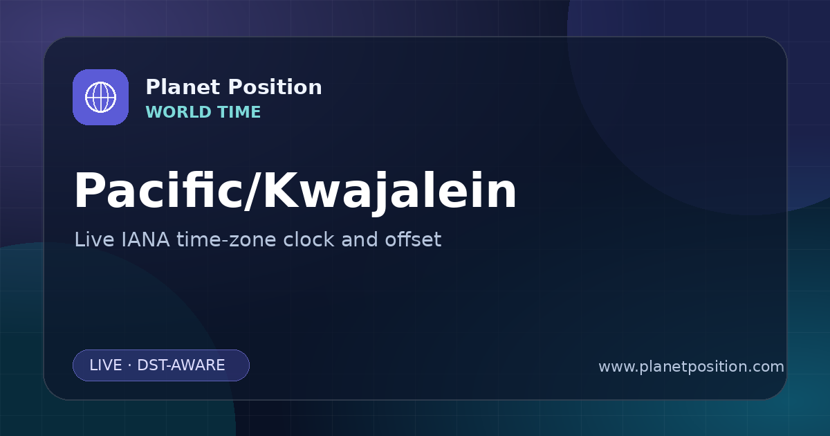 Social sharing image for Pacific/Kwajalein Time Now | UTC Offset & Time Zone