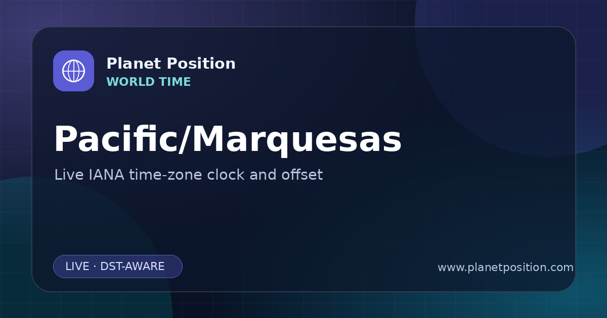 Social sharing image for Pacific/Marquesas Time Now | UTC Offset & Time Zone