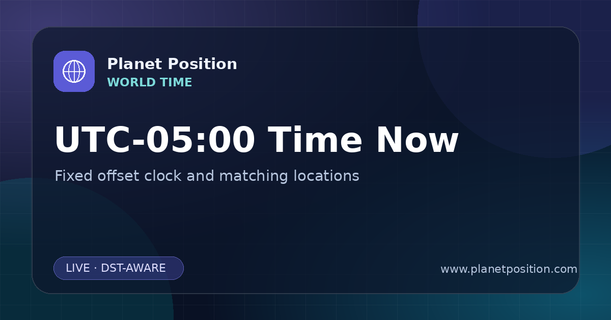 Social sharing image for UTC-05:00 Time Now | UTC Offset Clock & Locations