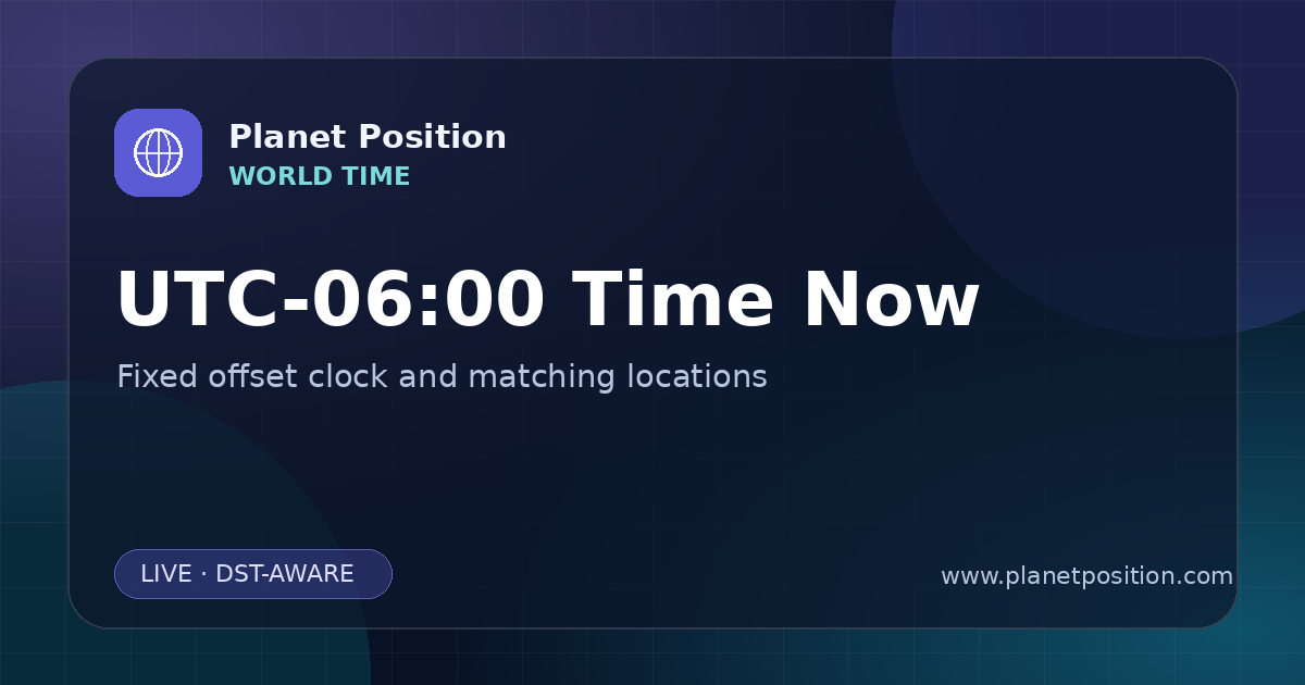 Social sharing image for UTC-06:00 Time Now | UTC Offset Clock & Locations
