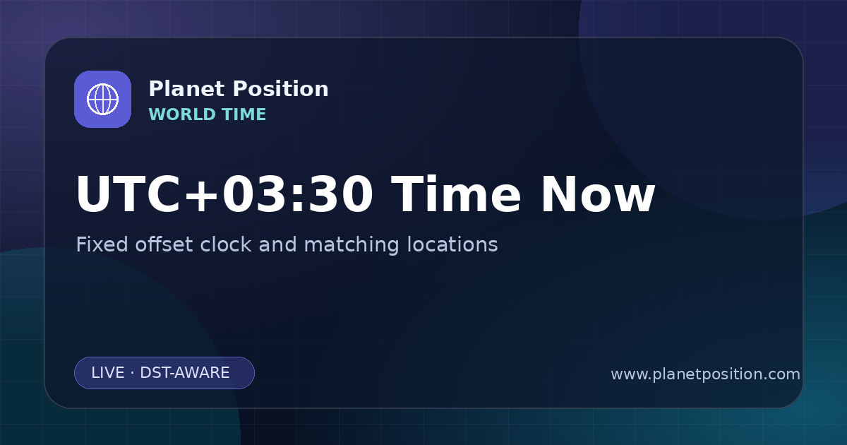 Social sharing image for UTC+03:30 Time Now | UTC Offset Clock & Locations